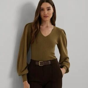 NEW Ralph Lauren Black Label V-Neck Blouson Sleeve Fitted Sweater 2X Honey Tan